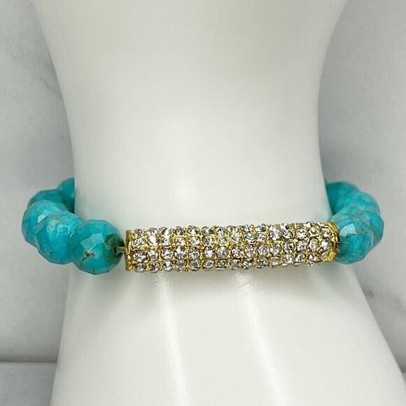 Faux Turquoise Beaded Rhinestone Barrel Stretch Bracelet - Picture 1 of 8